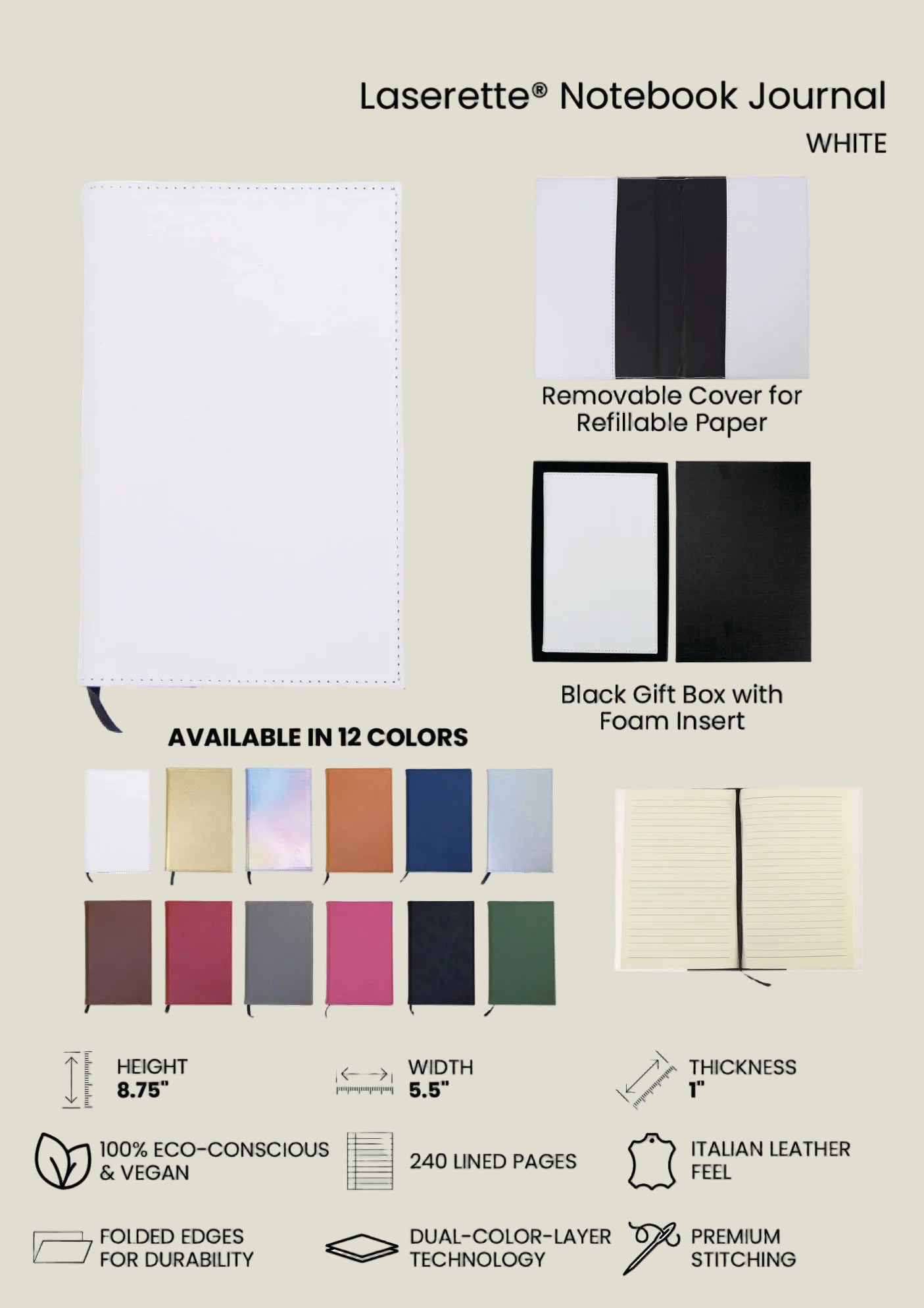 Laserette Notebook Journal packaging with color swatches and product details.
