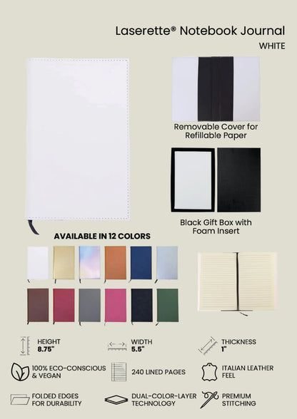 Laserette Notebook Journal packaging with color swatches and product details.